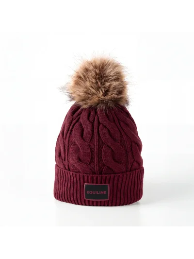 Red (Alpine Plum) cable-knit pom-pom hat for women EQGAT - Equiline