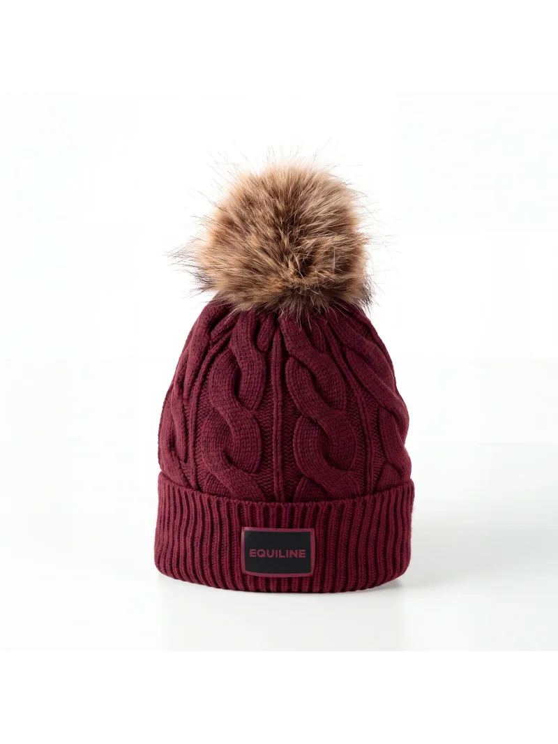 Red (Alpine Plum) cable-knit pom-pom hat for women EQGAT