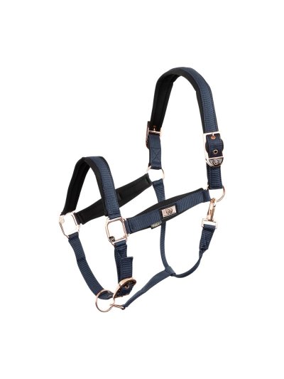 Cabezada de cuadra azul marino con las hebillas color oro rosa para caballo y/o pony Halter - BR