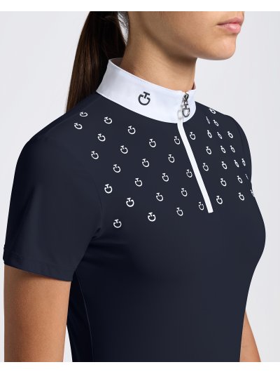 Polo de competicion de manga corta azul marino con estampado del logotipo en blanco para niña -  Cavalleria Toscana