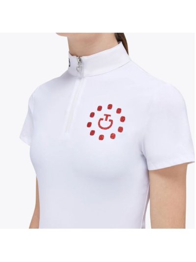 Polo de competicion para niña de manga corta en color blanco con el logo en rojo con brillantina -  Cavalleria Toscana