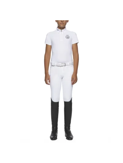 Polo de competición de manga corta blanco con logo azul marino para niño - Cavalleria Toscana - imagen 2