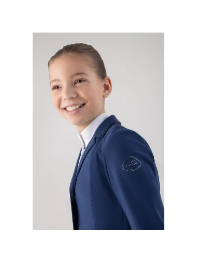 Girls’ navy blue competition jacket embellished with rhinestones on collar and sparkling logo - Equiline - imagen 2