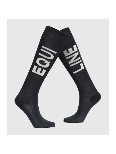 Black junior unisex knee-high socks with white lettering logo - Equiline
