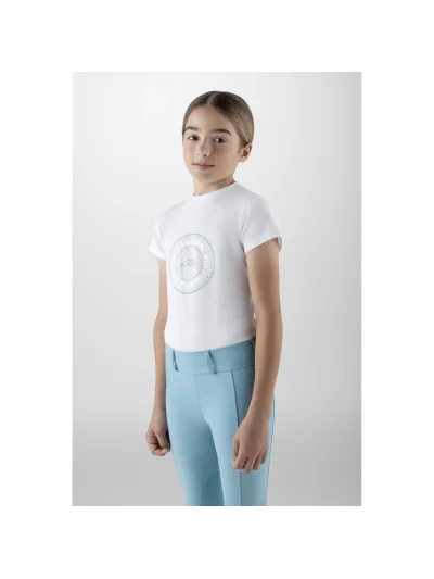 Camiseta de manga corta blanca con el logotipo de diamantes de imitación en aguamarina para niña-Galy - Equiline