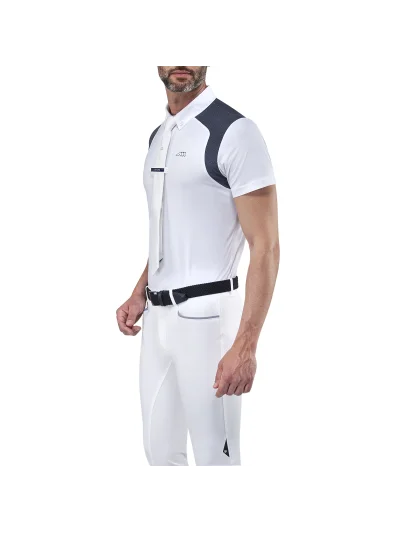 Polo fino de competición de manga corta blanco con malla azul grisáceo para hombre Elio - Equiline - imagen 4