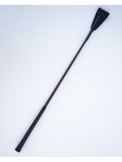 Cravache d'obstacle marron foncé (65cm) à manche caoutchouc et languette en cuir noir - Fleck