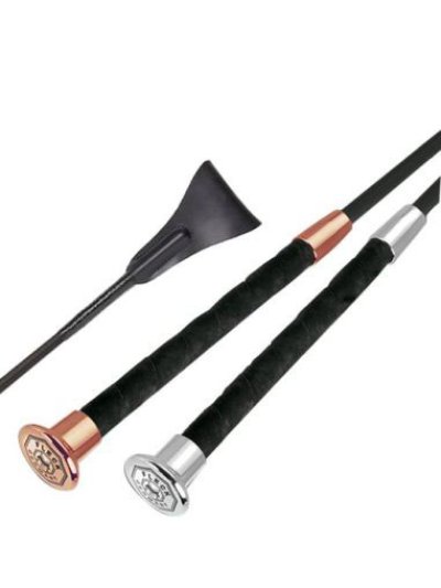 Cravache d'obstacle Fleck Premium noir (60cm) avec finitions métal chromé et/ou or rose et languette en cuir - Fleck