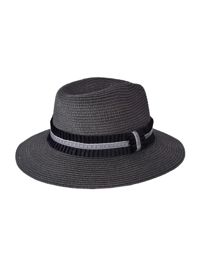 Chapeau en paille toquilla gris avec ruban plissé noir et paillettes pour femme - Guavlare - Kingsland Dressage - imagen 2