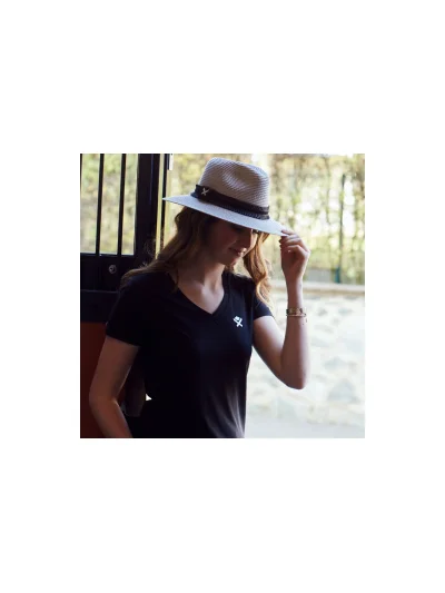Chapeau en paille toquilla gris clair avec ruban plissé noir pour femme - Florian - Kingsland Dressage - imagen 4
