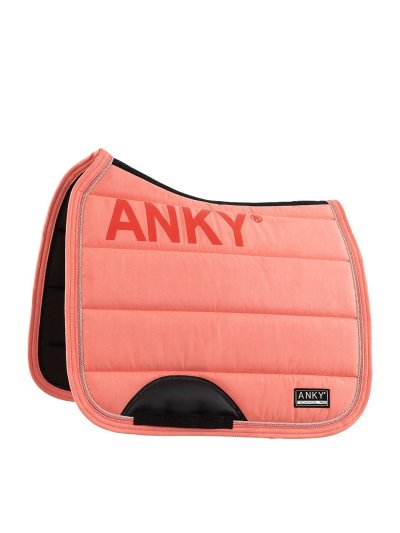 Pink (Sugar Coral) dressage saddle pad with anti-slip at the withers, decorative cord edges and reinforced girth strap area for horse - Anky