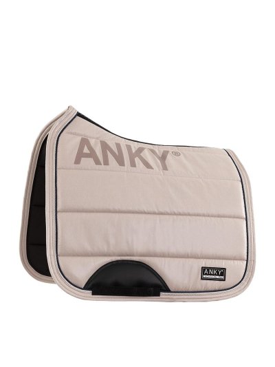 Bright beige dressage saddle pad (Necreous Clouds) with non-slip withers, decorative cord and girth-area reinforcement for horse - Anky