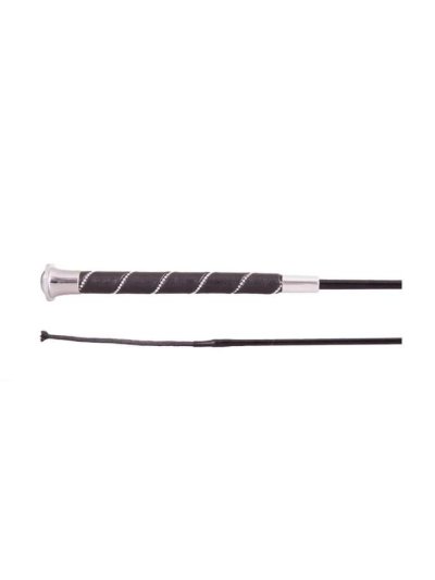 Fusta de doma negra con mango de cuero trenzado y diamantes de imitacion y boton de color plateado (120cm) -Orion - BR