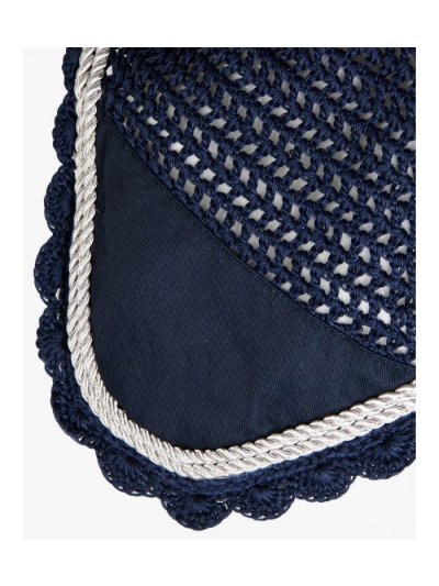 Navy blue crochet earmuffs with elastic ears and double white cord for horse - Equestro - imagen 3