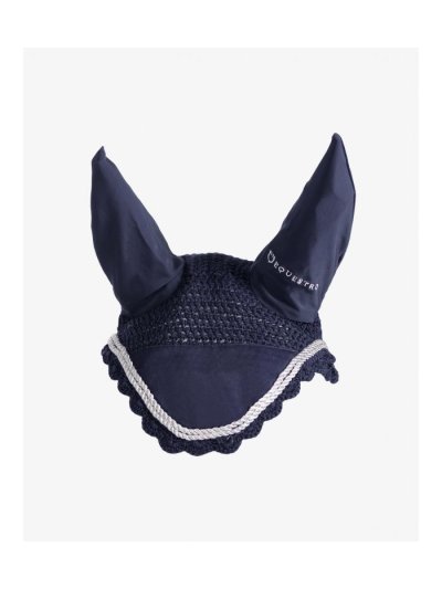 Navy blue crochet earmuffs with elastic ears and double white cord for horse - Equestro - imagen 2