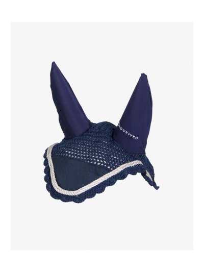 Navy blue crochet earmuffs with elastic ears and double white cord for horse - Equestro