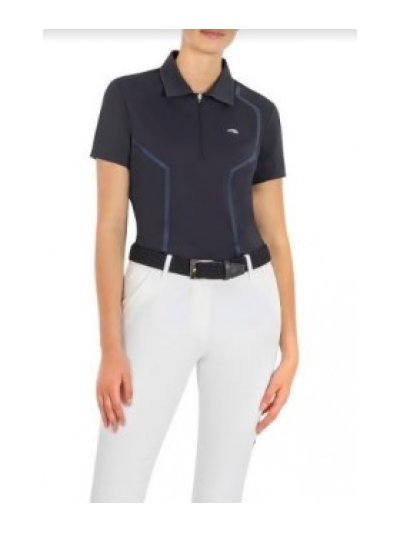 Polo de entrenamiento de manga corta color azul marino de tejido técnico y los hombros de malla para mujer - Corinac - Equiline