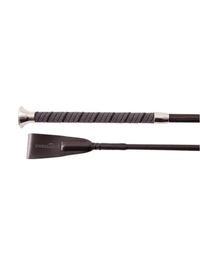 Black jumping crop (60cm) with gray rubber on the handle and leather flap - Premiere