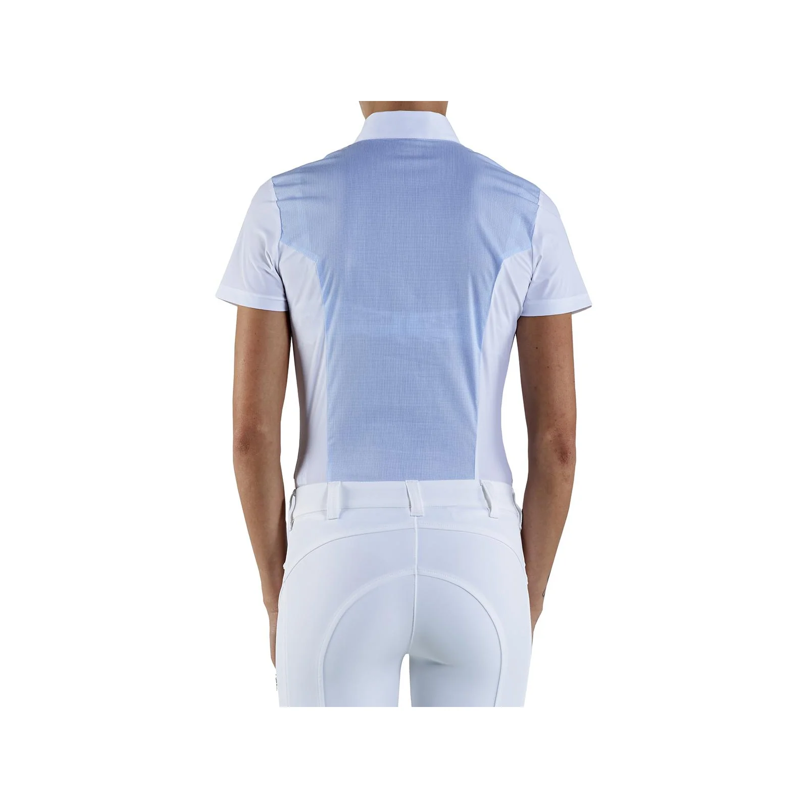 White and blue check short-sleeve competition polo for women Málaga - Vestrum