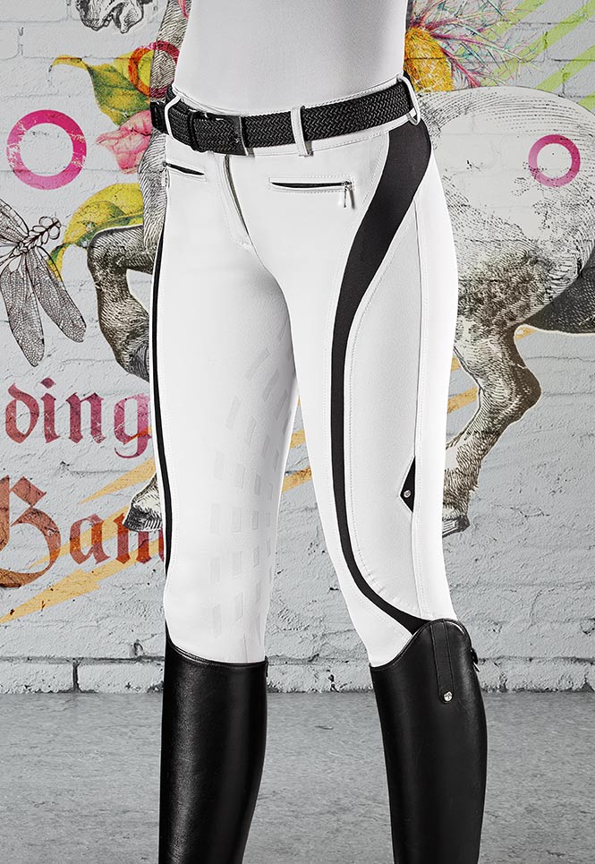 Pantalones blancos de montar a caballo para competición con detalle en negro grip de silicona en las rodillas y muslos para mujer modelo Francine Equiline | Álogo