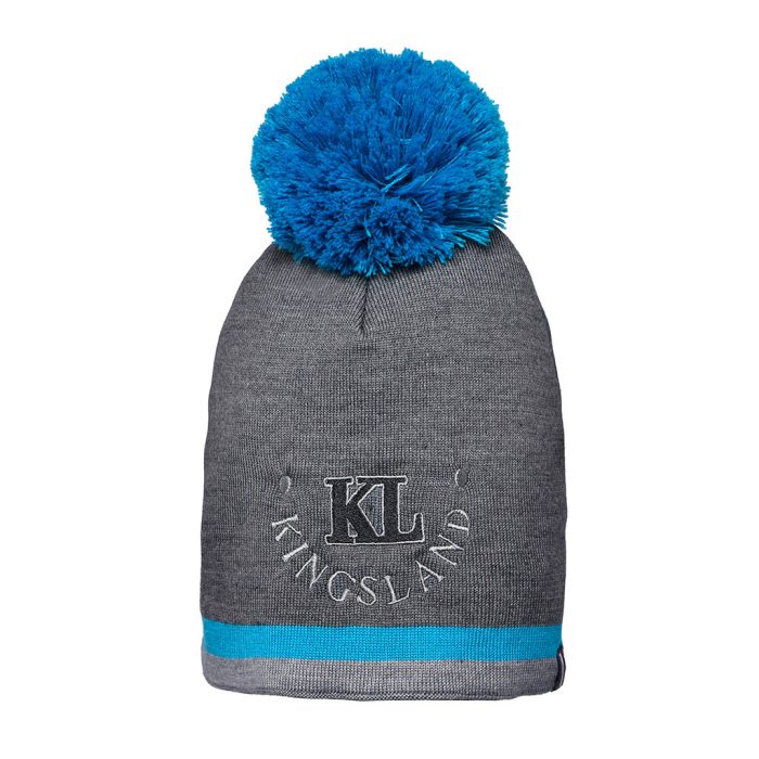 Gorro de lana gris oscuro con escudo en la frente y pompón azul unisex modelo Valdez de Kingsland