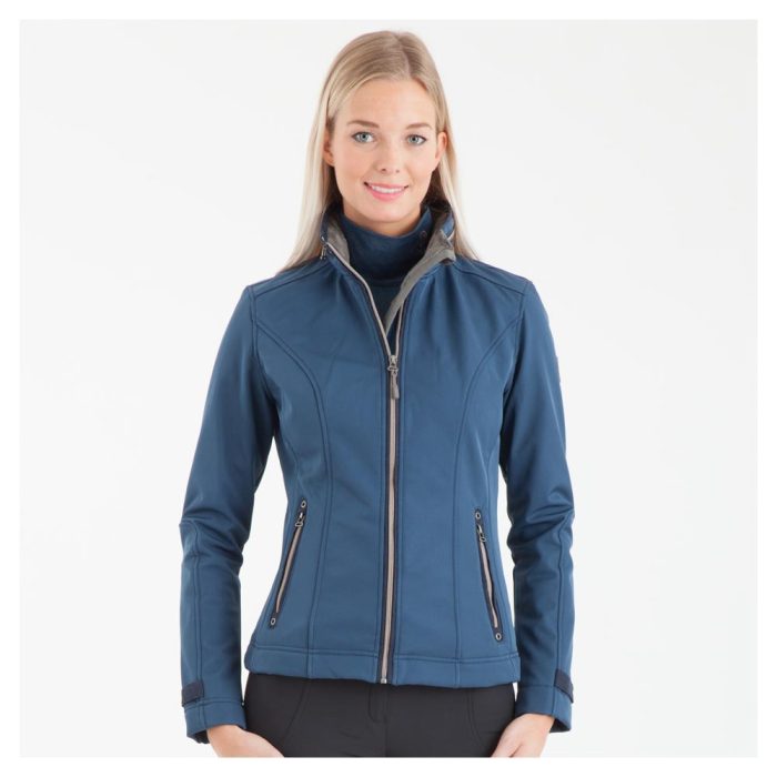 Chaqueta corta térmica, transpirable e impermeable azul oscuro (blue bird) con detalles plateados, interior polar y cuello alto con capucha escondida para mujer de ANKY