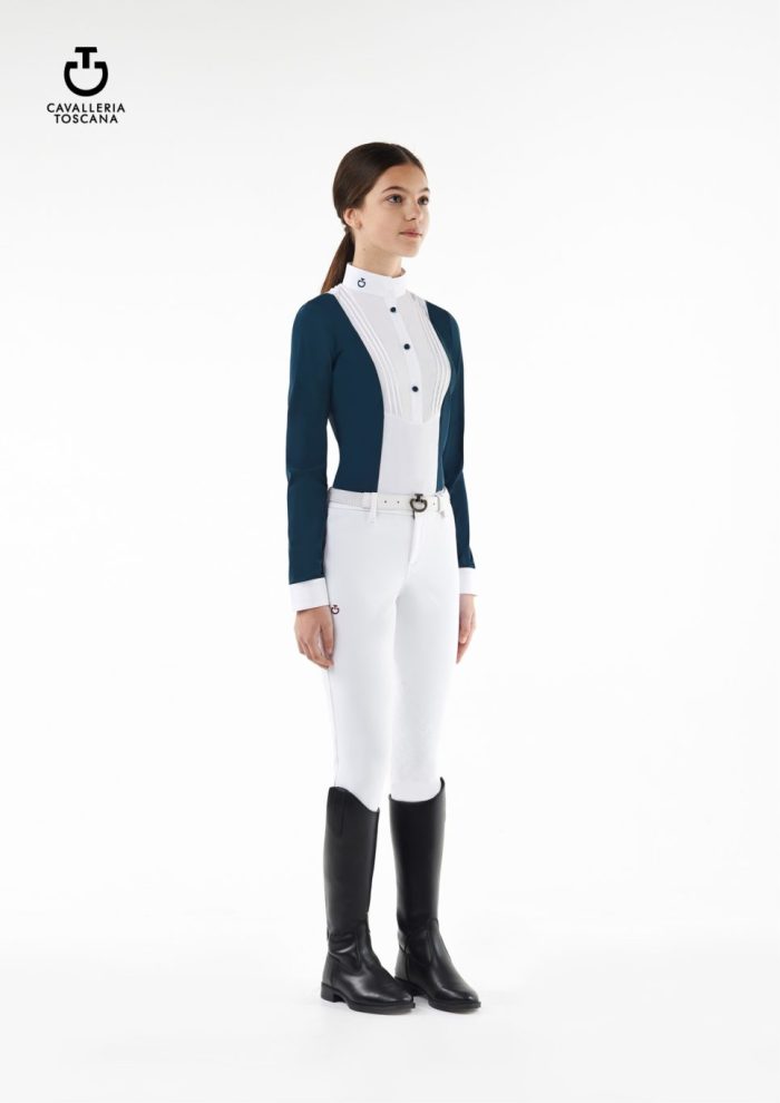 Camisa de montar azul marino y blanca para niña modelo Rider with bib de Cavalleria Toscana