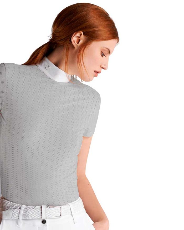 Polo de competición de manga corta gris con perforaciones a rayas para mujer - Cavalleria Toscana