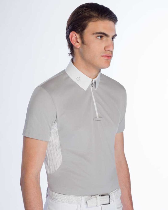 Polo de competición de manga corta de piqué gris claro y malla blanca para hombre - Cavalleria Toscana