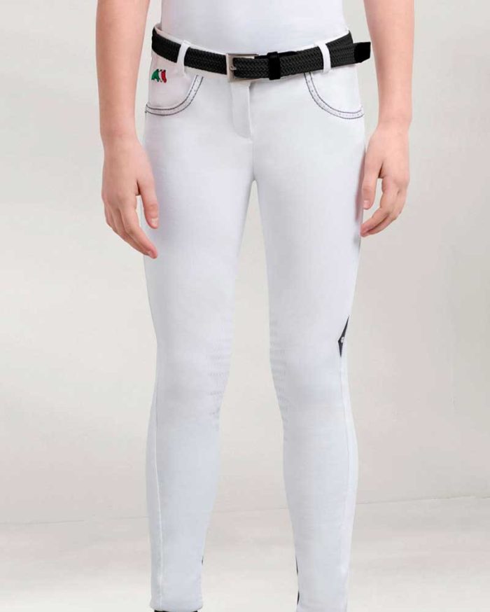 Pantalones blancos con brillantes y logo tricolor en el bolsillo (grip rodilla y muslo) para niña - Taylor - Equiline