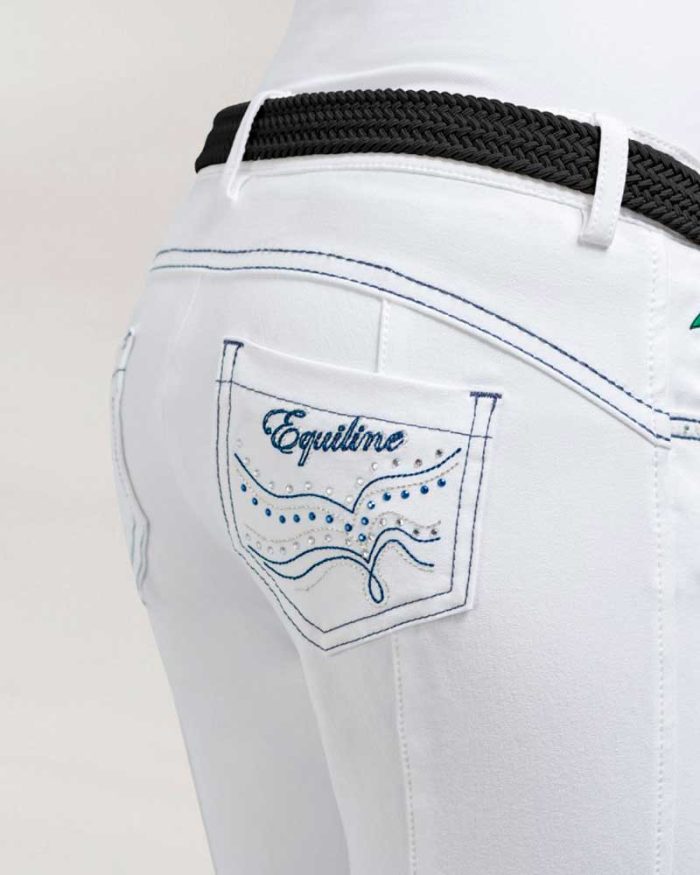 Pantalones blancos con brillantes y logo tricolor en el bolsillo (grip rodilla y muslo) para niña - Taylor - Equiline - Imagen 2