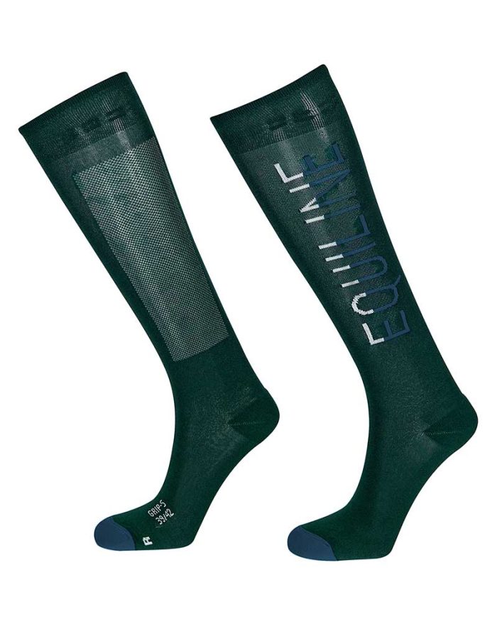 Calcetines altos finos  verde oscuro con firma en azul marino y gris claro y grip en el interior - Thor - Equiline