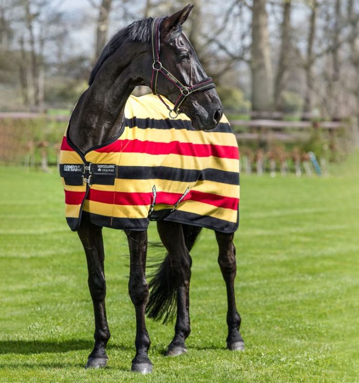 Manta polar para caballo color amarillo con franjas rojas y negras-Deluxe-Rambo