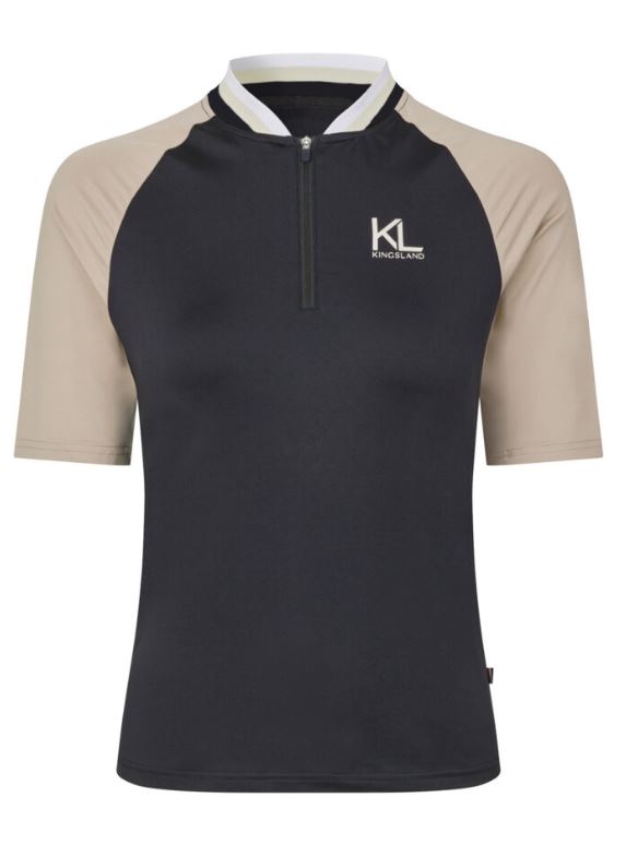 Black short sleeve training t-shirt with beige details and V-neck zipper for women - KLNisha - Kingsland