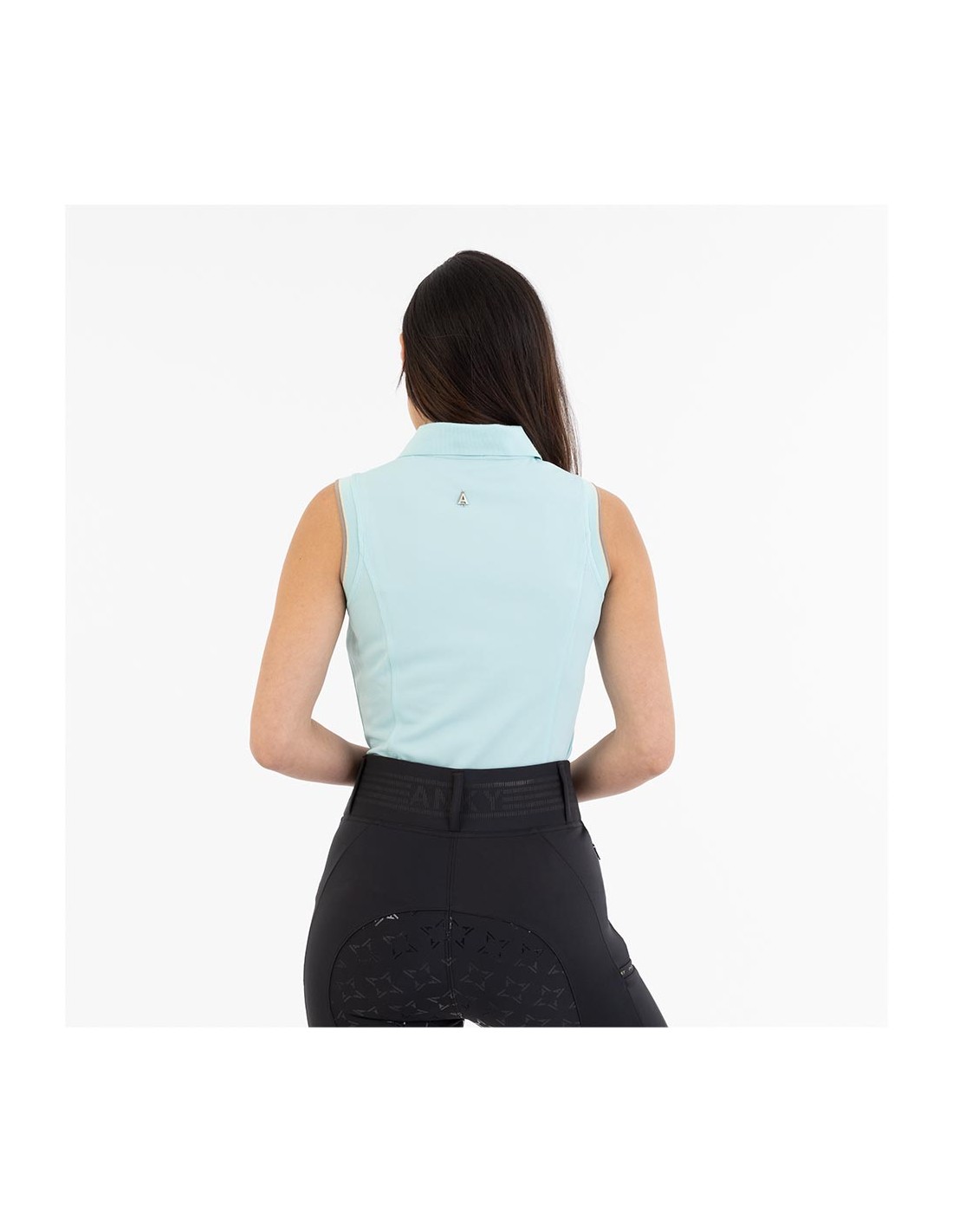Sleeveless turquoise polo (Canal Blue) with golden glitter seams for women - ANKY - Image 2