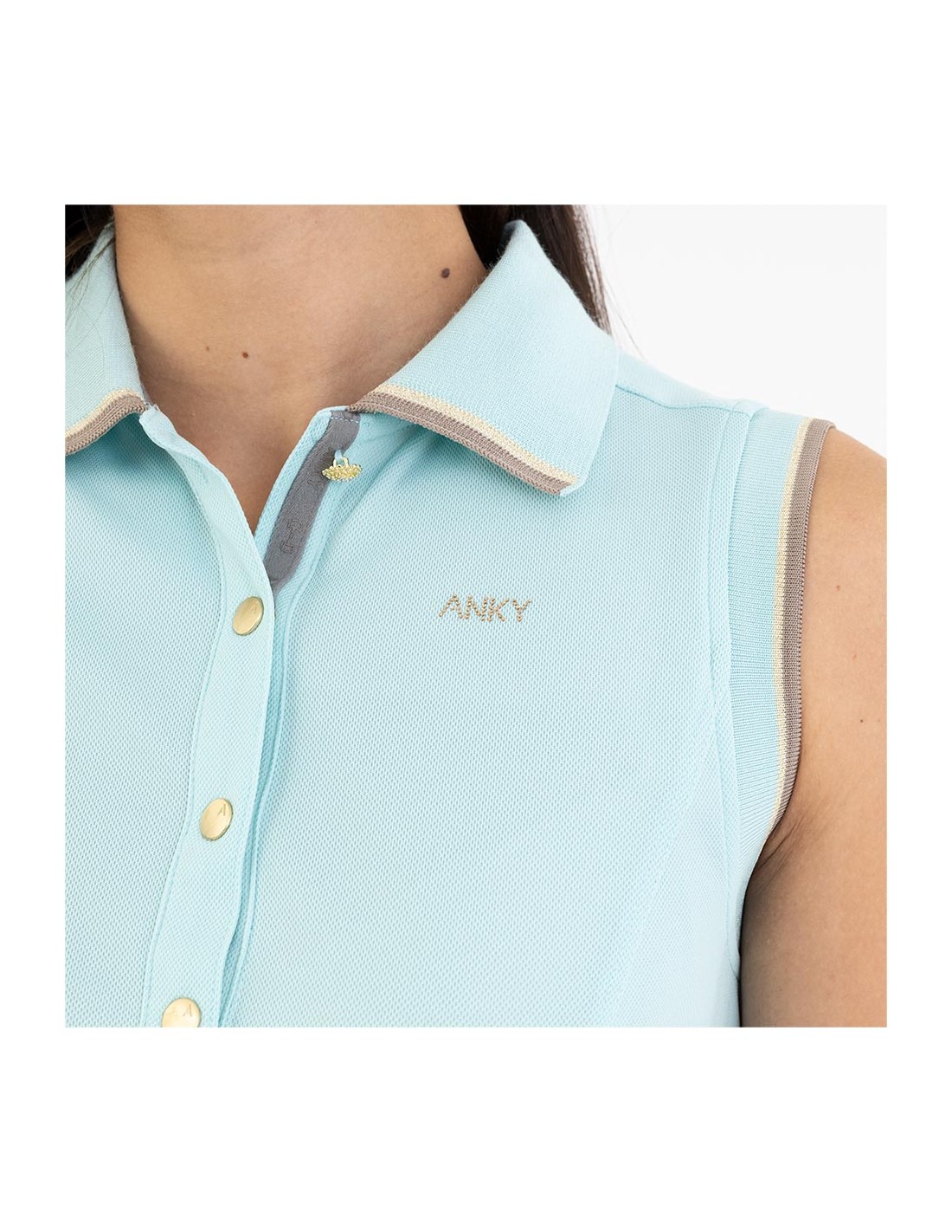 Sleeveless turquoise polo (Canal Blue) with golden glitter seams for women - ANKY - Image 3