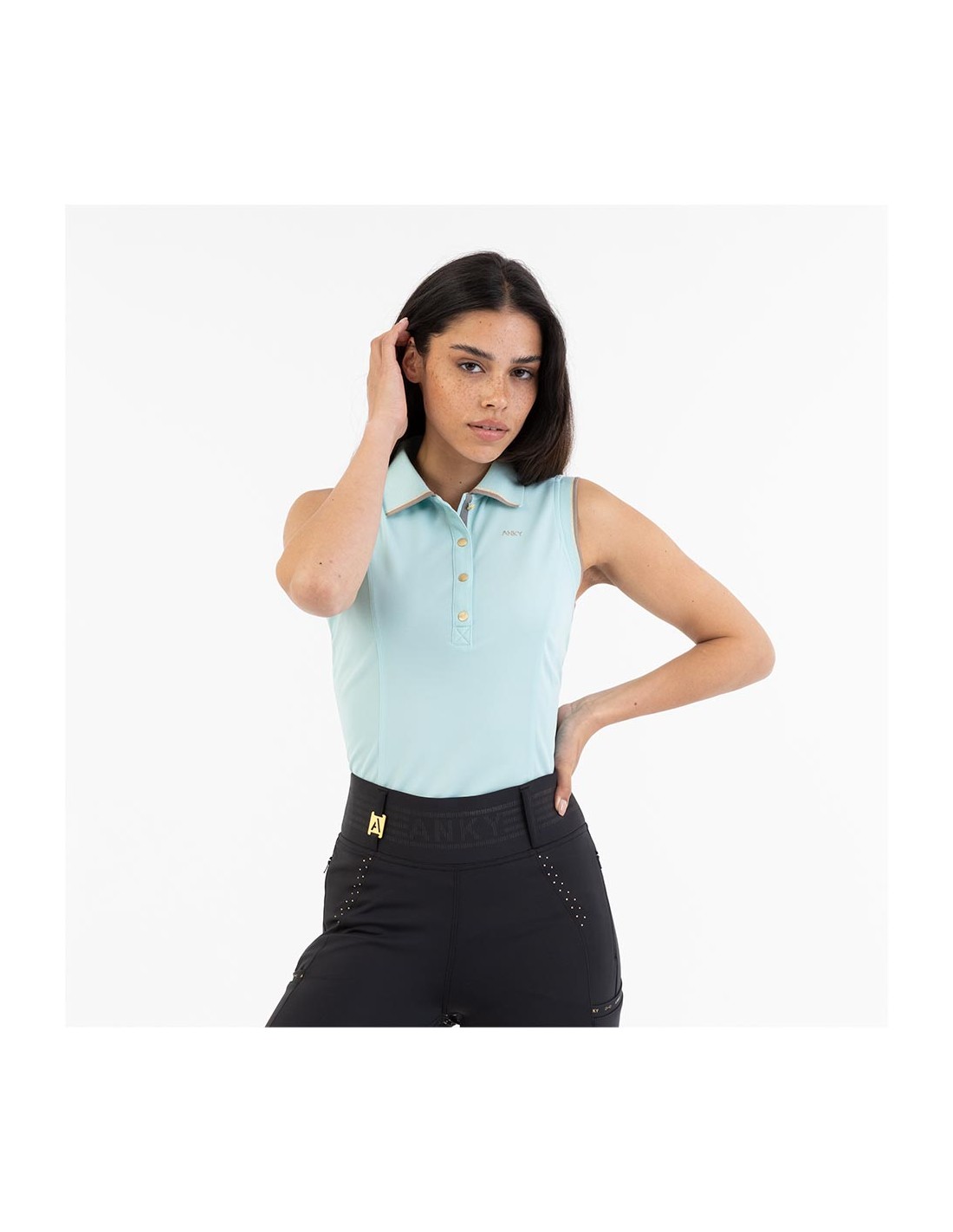 Sleeveless turquoise polo (Canal Blue) with golden glitter seams for women - ANKY